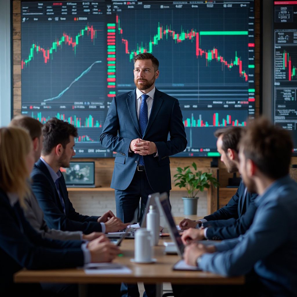 Investment workshop with financial charts and participants